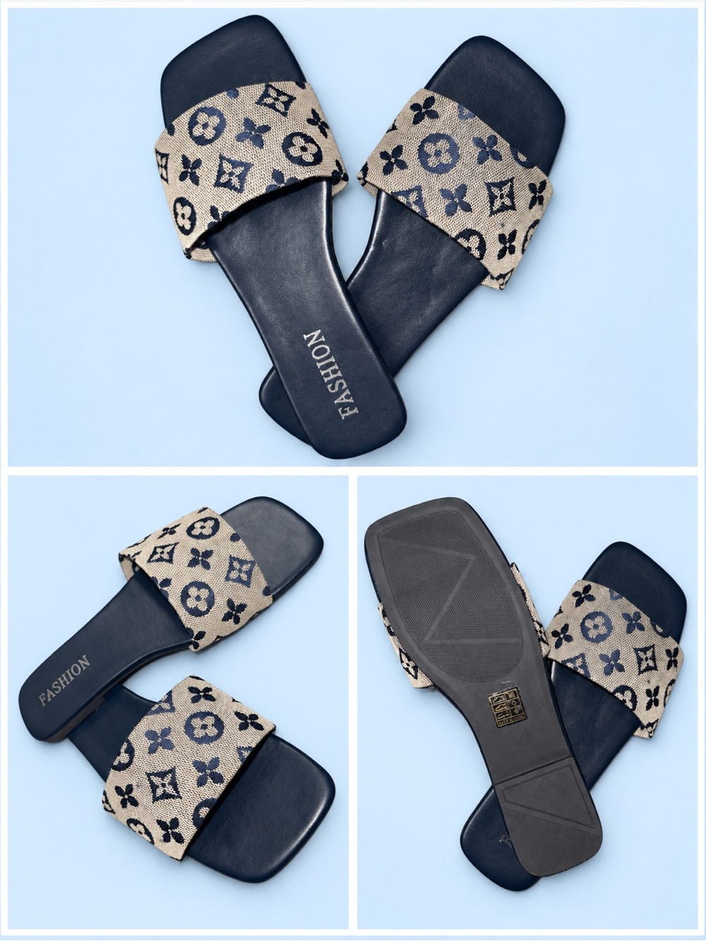 Navy Blue Fashion Inspired Monogram Slide Sandals